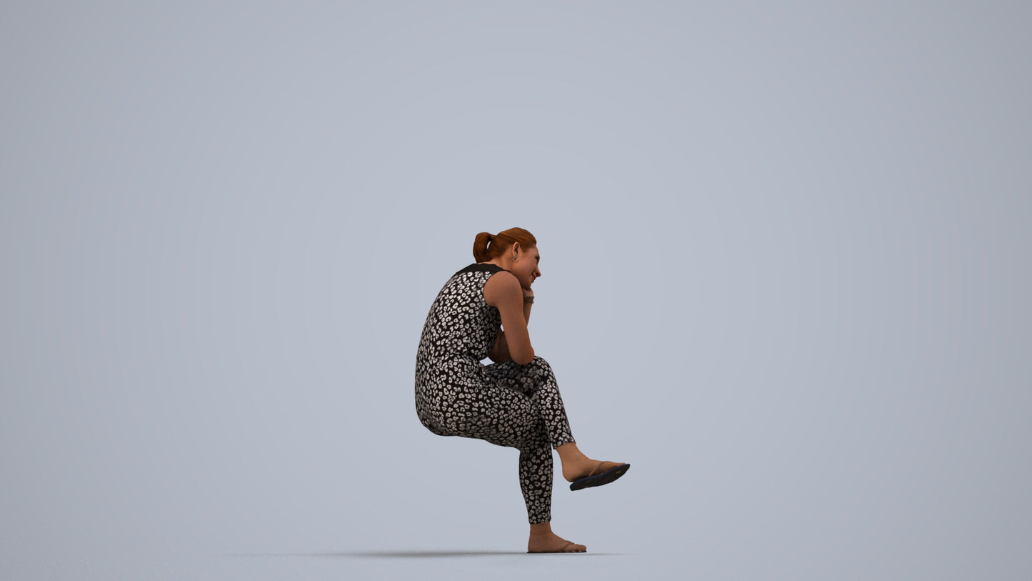 realistic 3D woman casual sitting, scanned archviz people for Blender and 3ds Max, side view render