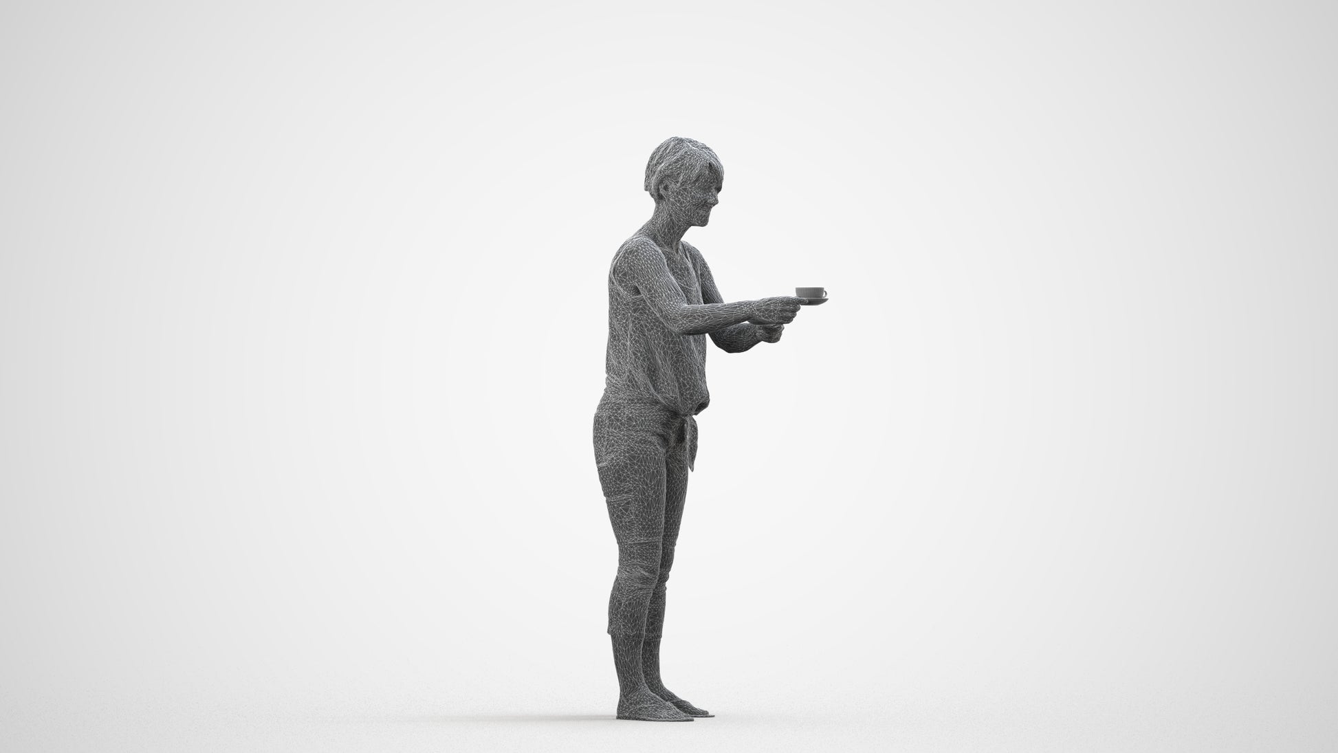 scanned 3D senior woman casual standing, photogrammetry people for Enscape and V-Ray, wireframe side view