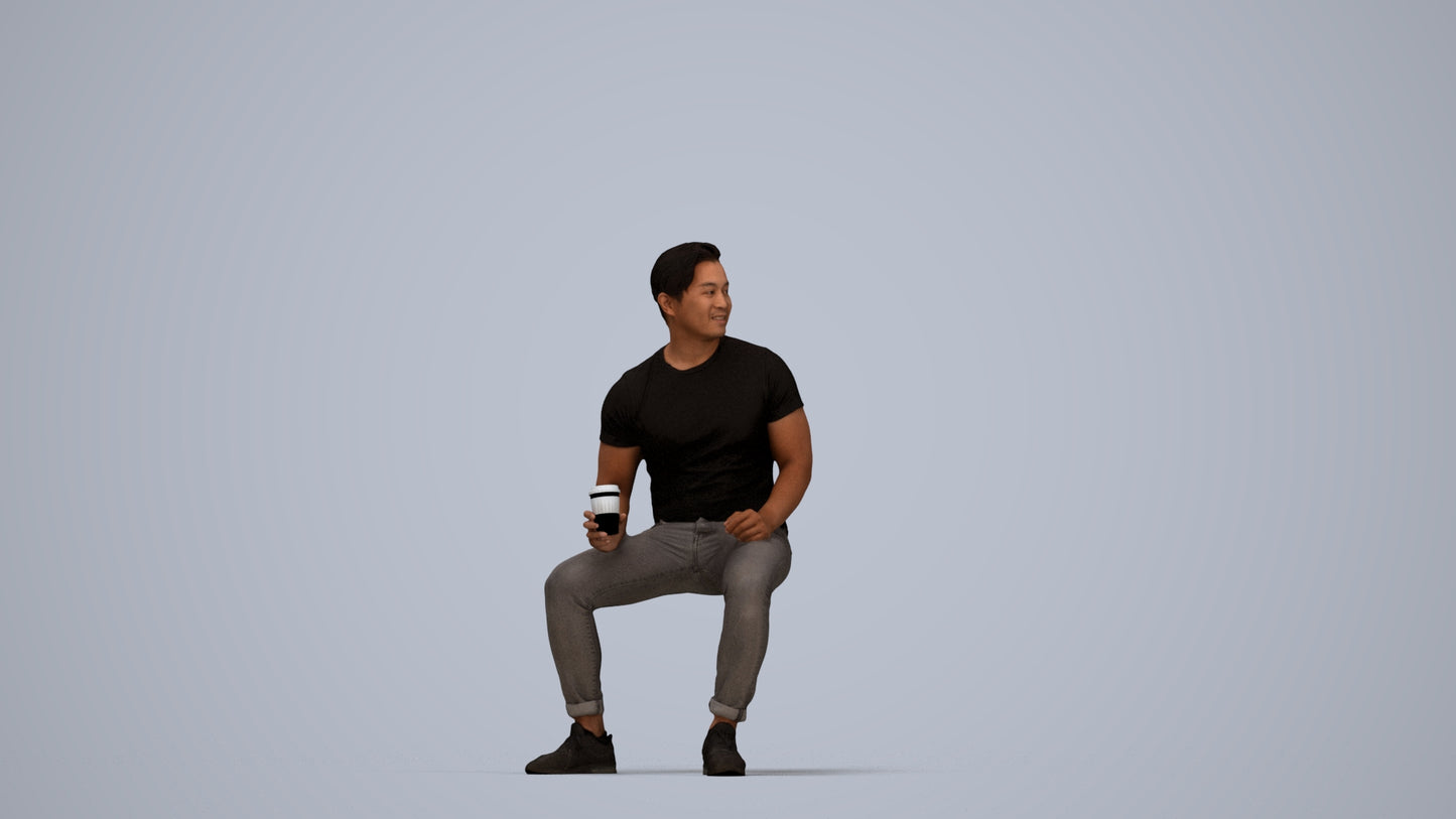 realistic 3D man casual sitting, scanned archviz people for Blender and 3ds Max, top-down view render