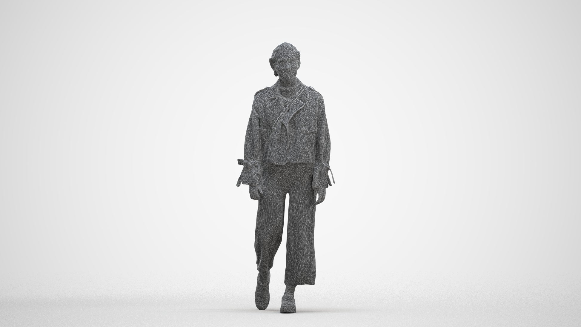3D human model woman casual walking, photogrammetry scanned person for archviz, three-quarter front view render