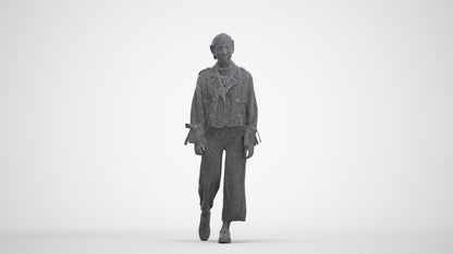 3D human model woman casual walking, photogrammetry scanned person for archviz, three-quarter front view render