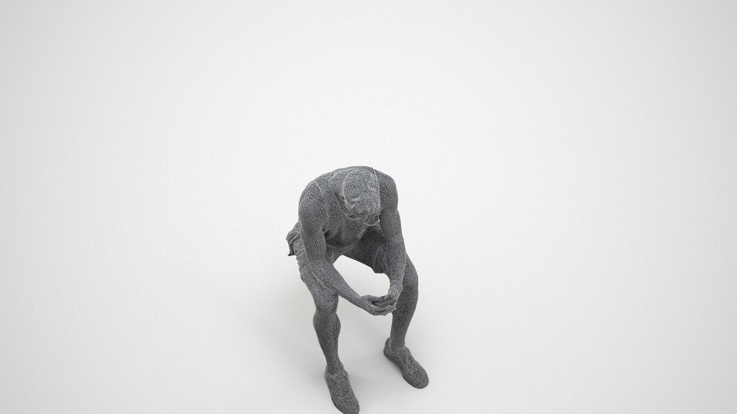 3D people model man casual sitting, scanned human for 3ds Max rendering, wireframe three-quarter view