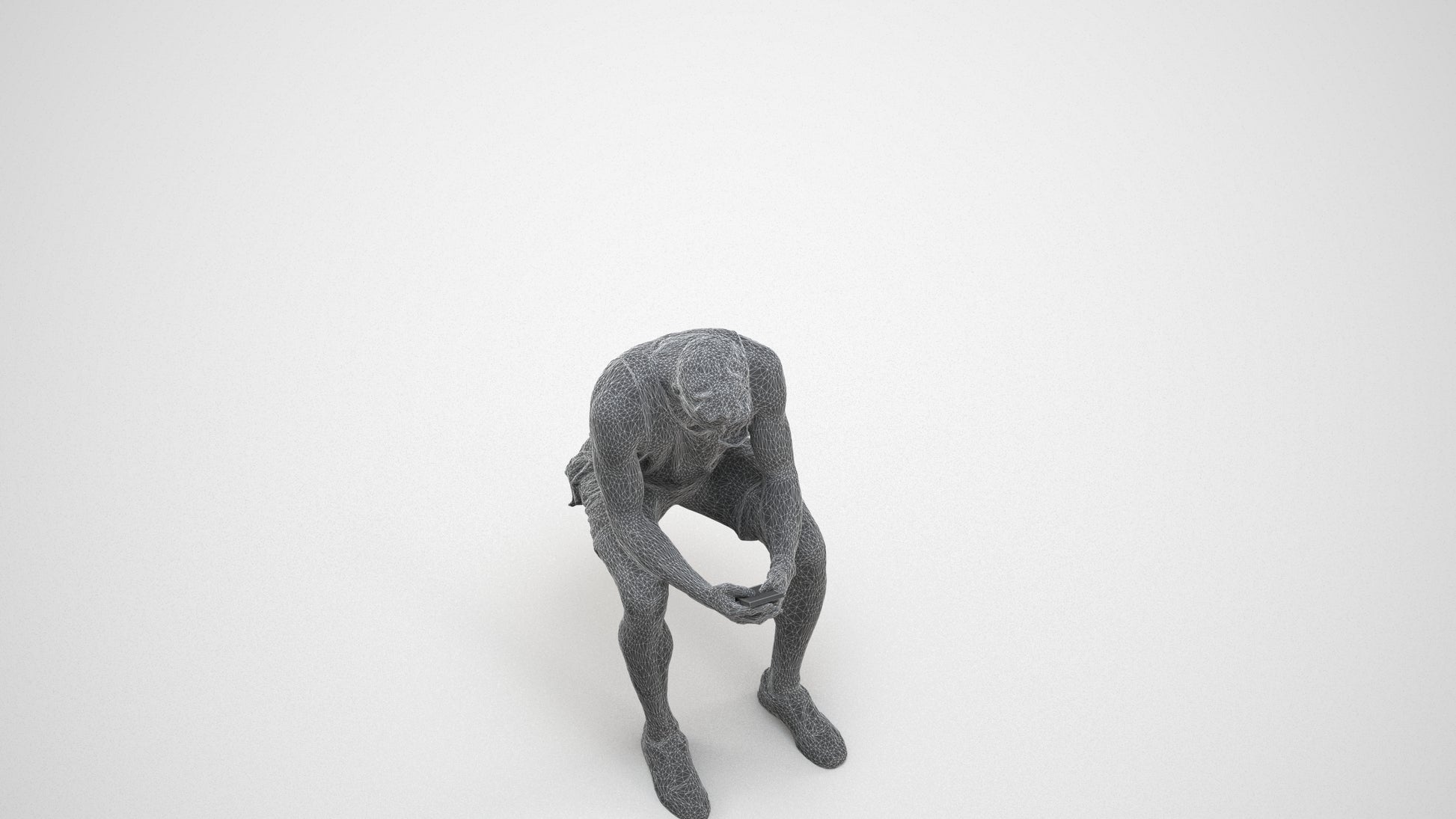 3D people model man casual sitting, scanned human for 3ds Max rendering, wireframe three-quarter view