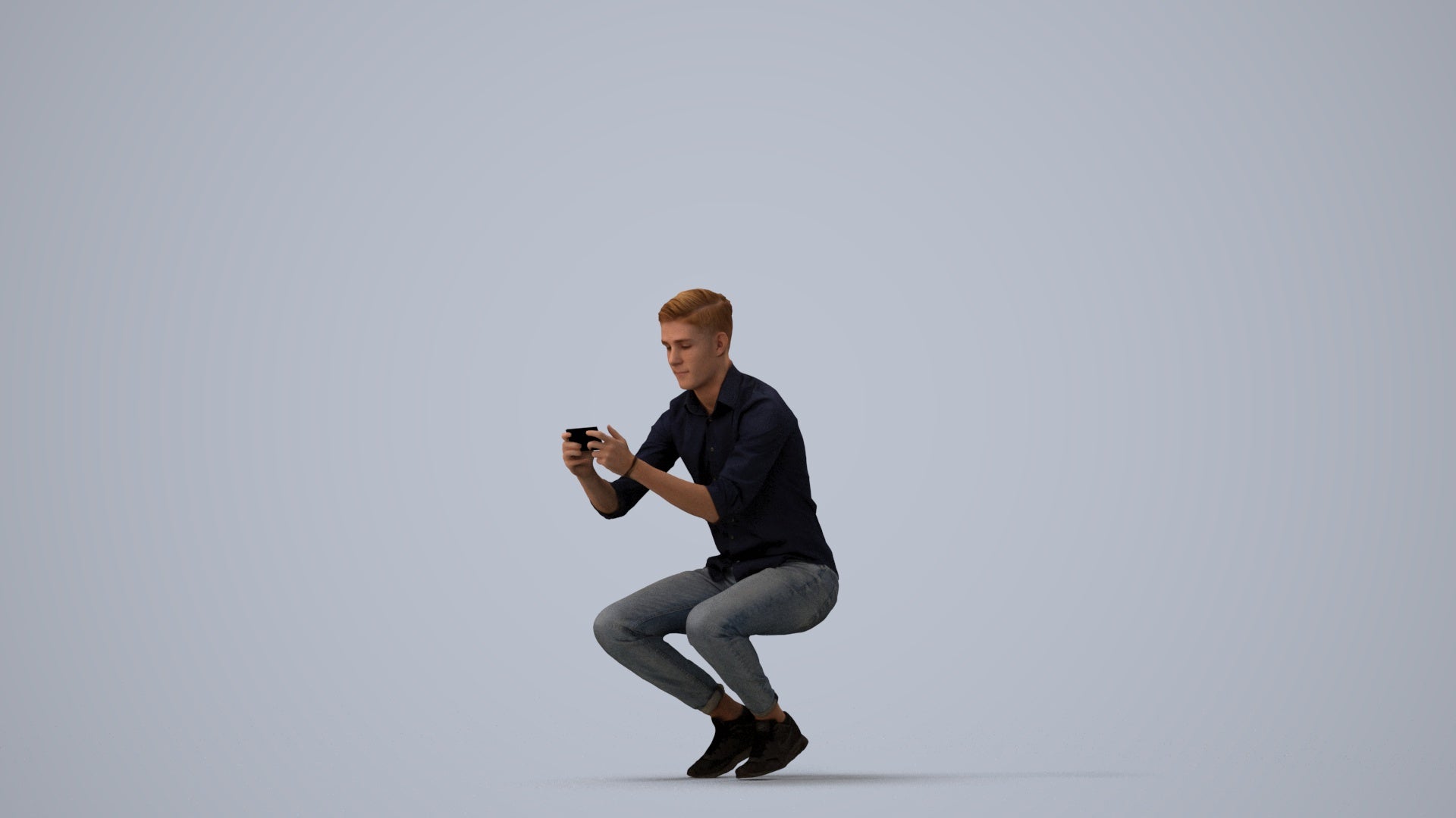 realistic 3D man casual sitting, scanned archviz people for Blender and 3ds Max, three-quarter view render