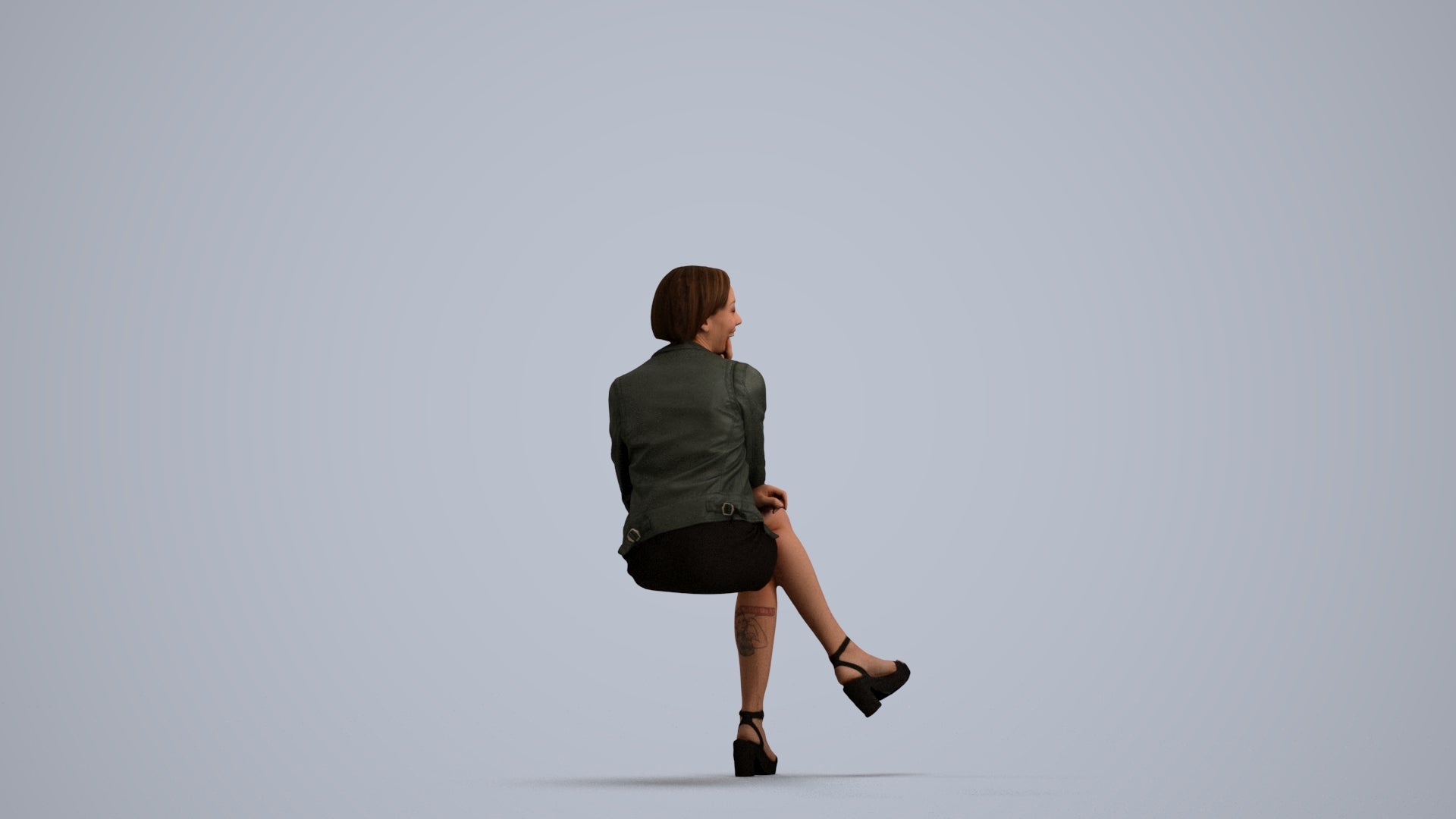3D scanned woman sitting casual, photorealistic archviz people for Enscape and SketchUp, front view render