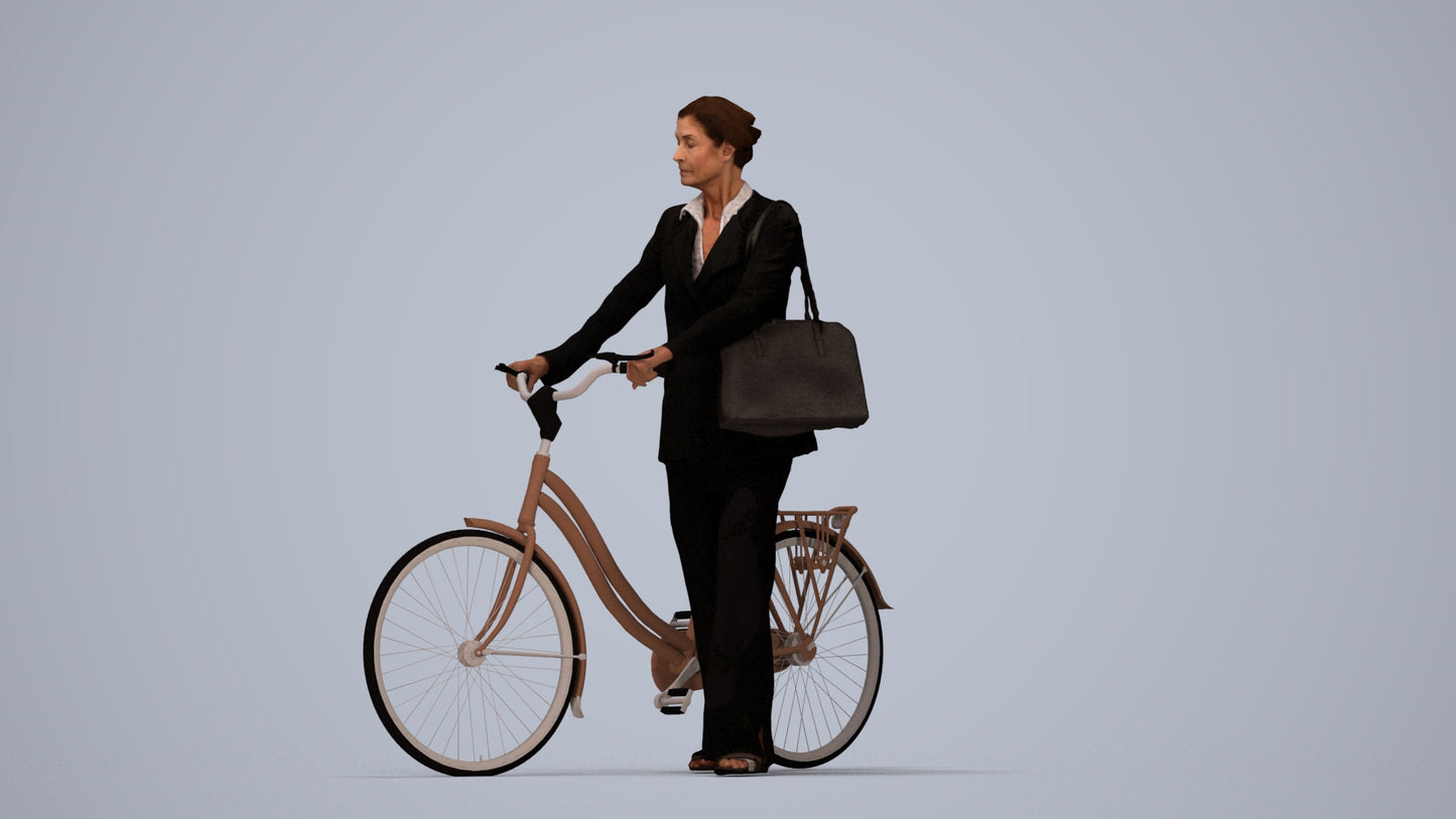 realistic 3D people senior woman business cycling, render-ready for V-Ray and Corona, FBX OBJ, top-down view render