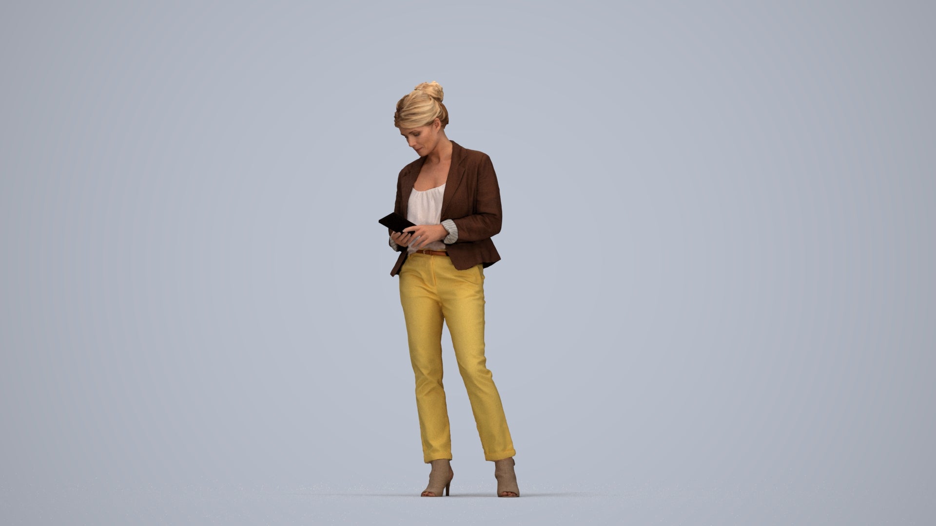 3D people model woman business standing, scanned human for 3ds Max rendering, top-down view render