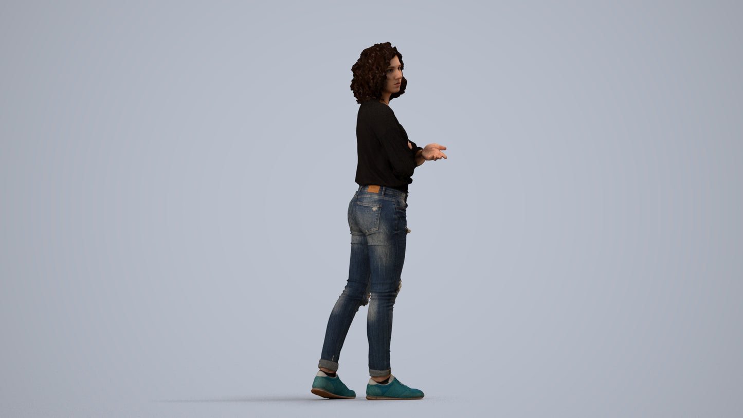 3D people model woman casual walking, scanned human for 3ds Max rendering, side view render