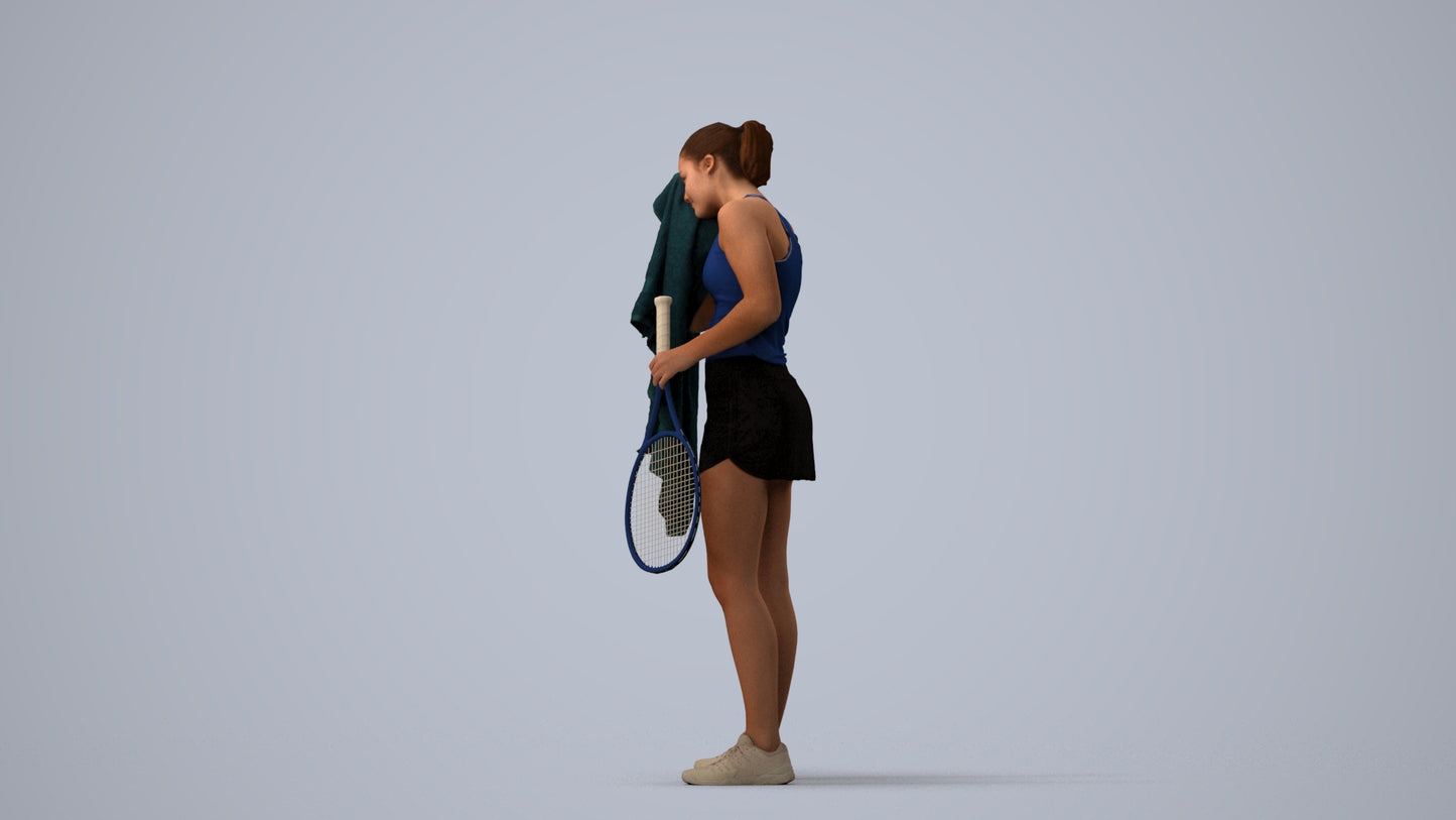 3D human model girl sport, photogrammetry scanned person for archviz, three-quarter view render