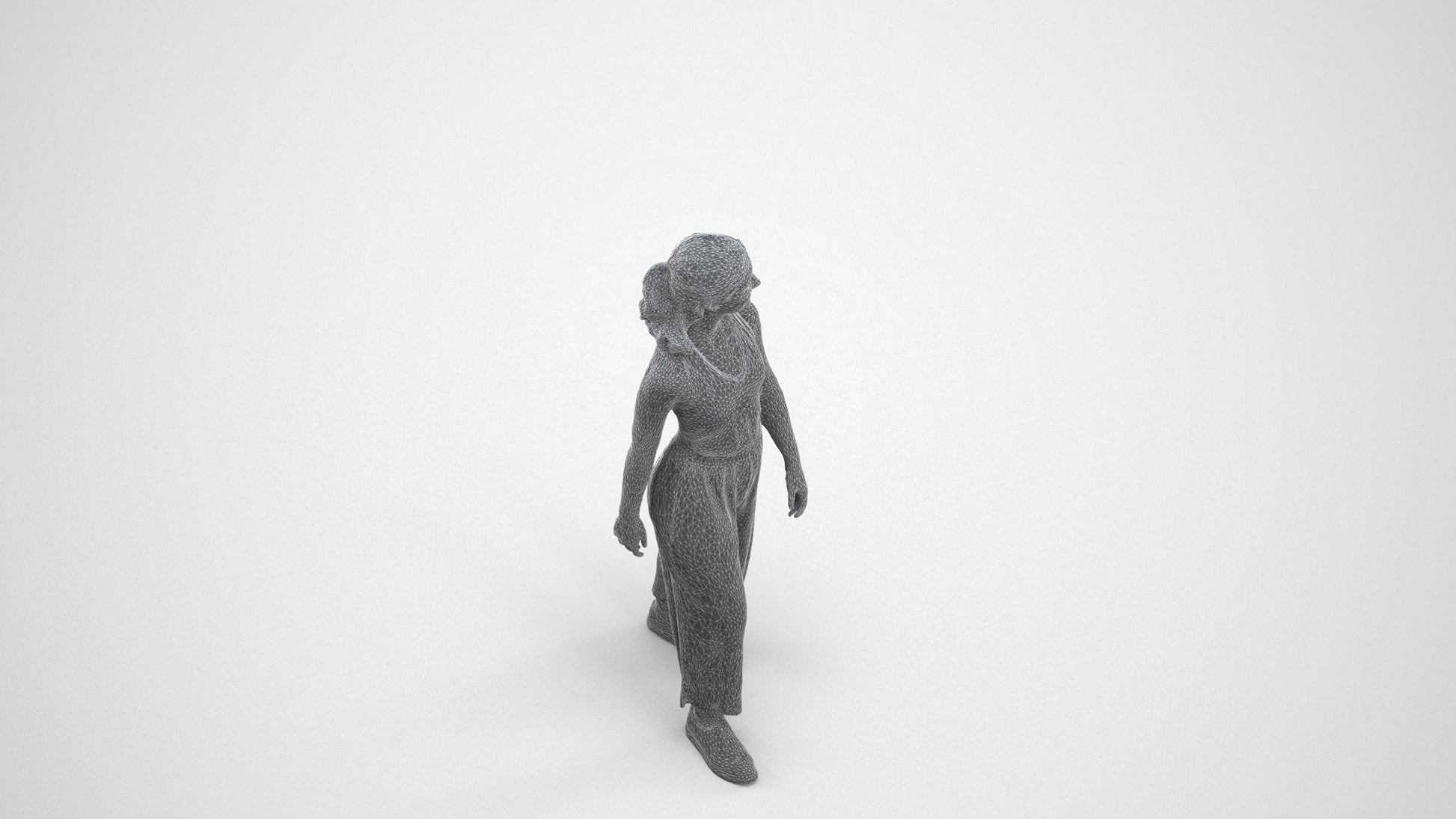 3D human model girl casual kids, photogrammetry scanned person for archviz, wireframe three-quarter view