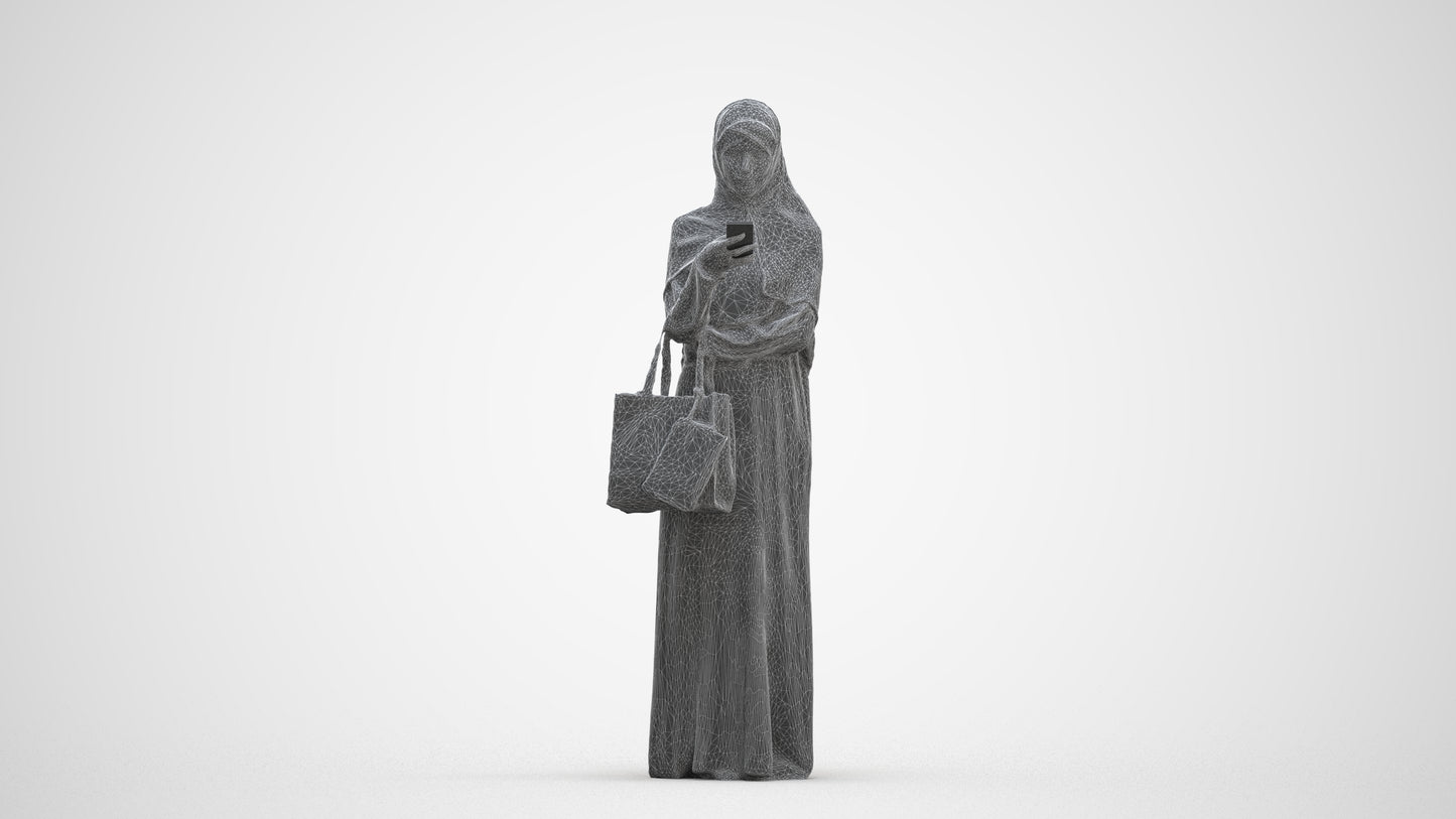 3D human model woman standing, photogrammetry scanned person for archviz, three-quarter front view render