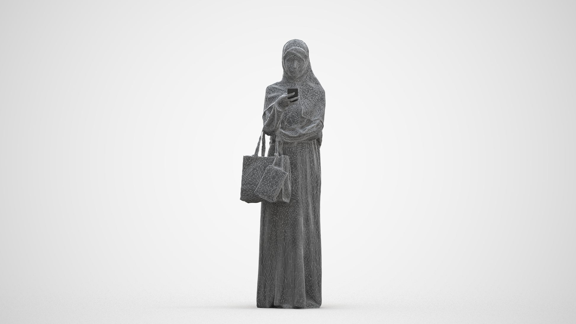 3D human model woman standing, photogrammetry scanned person for archviz, three-quarter front view render