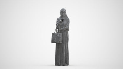3D human model woman standing, photogrammetry scanned person for archviz, three-quarter front view render