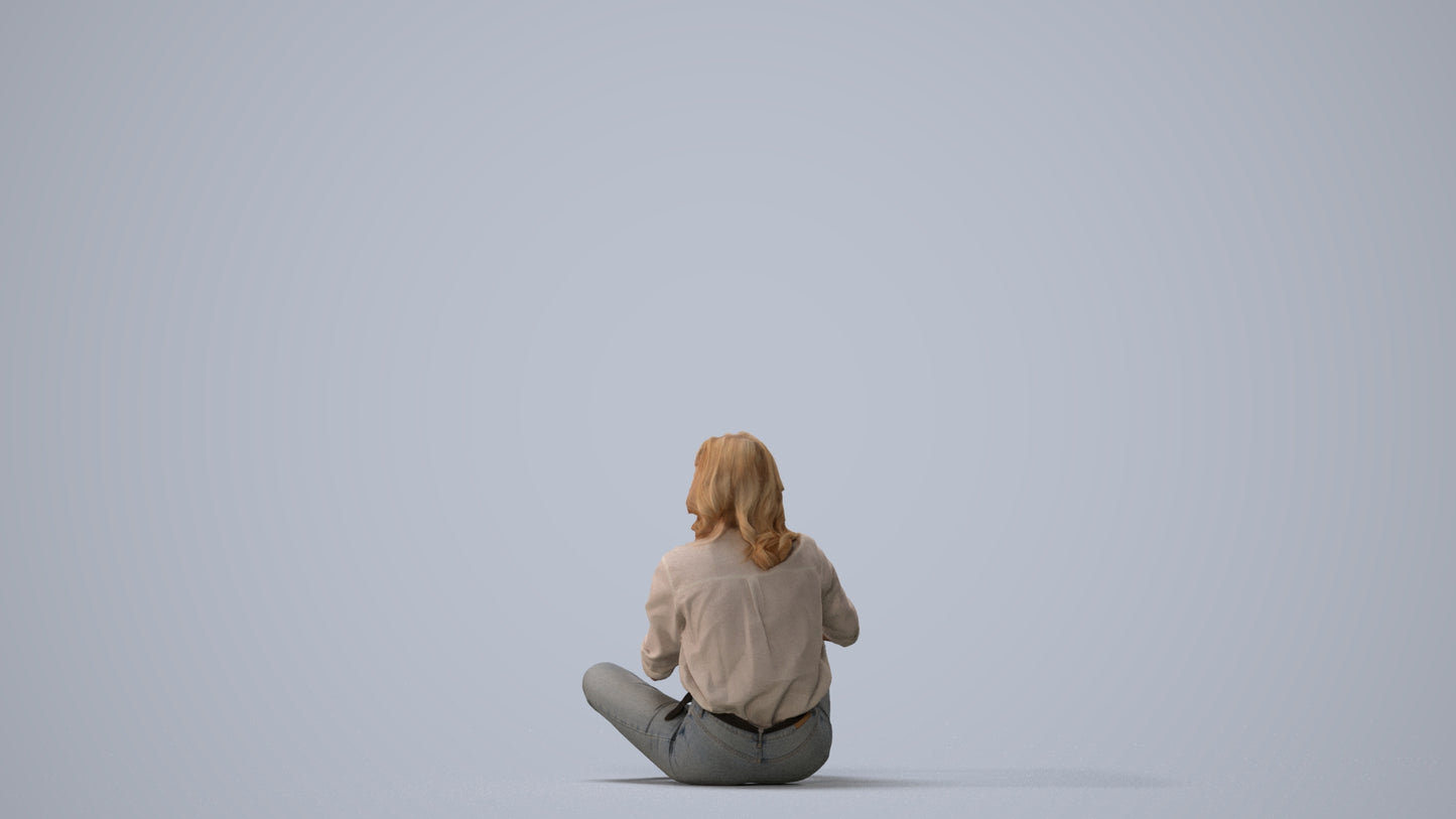 3D human model woman casual sitting, photogrammetry scanned person for archviz, three-quarter view render