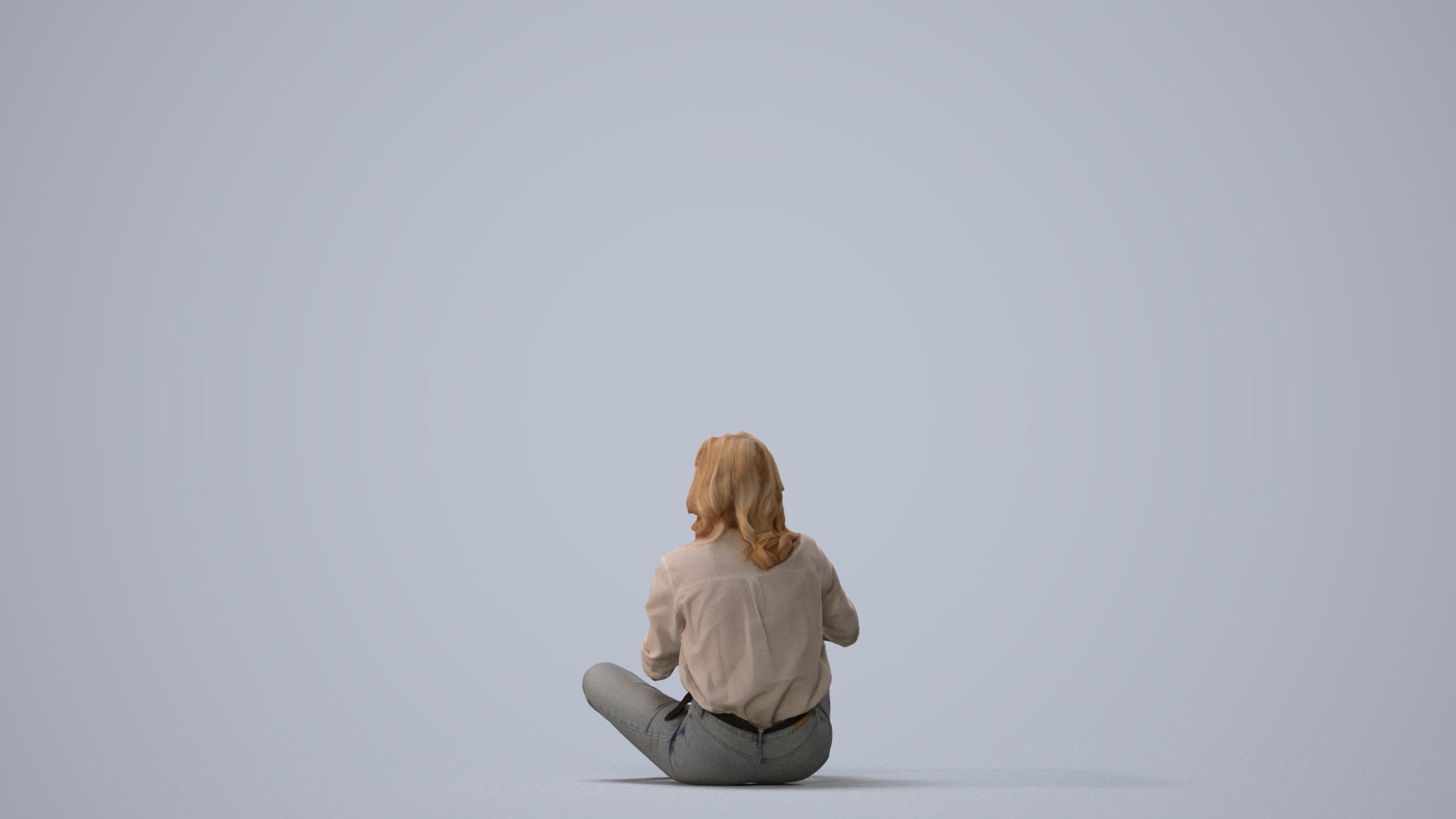 3D human model woman casual sitting, photogrammetry scanned person for archviz, three-quarter view render