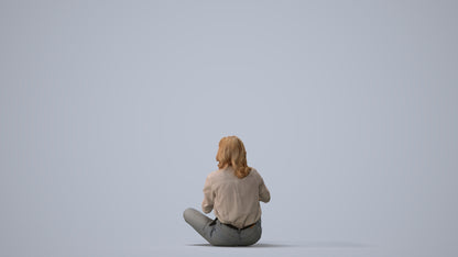3D human model woman casual sitting, photogrammetry scanned person for archviz, three-quarter view render