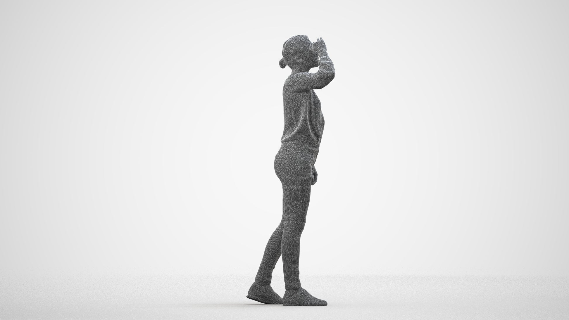 3D scanned woman standing casual, photorealistic archviz people for Enscape and SketchUp, wireframe side view