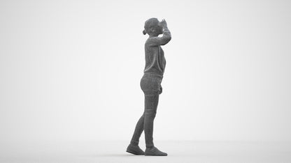 3D scanned woman standing casual, photorealistic archviz people for Enscape and SketchUp, wireframe side view