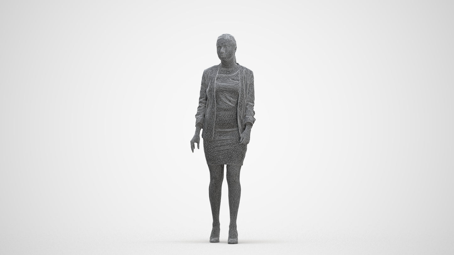 photogrammetry 3D woman business walking, realistic human model archviz FBX, three-quarter front view render