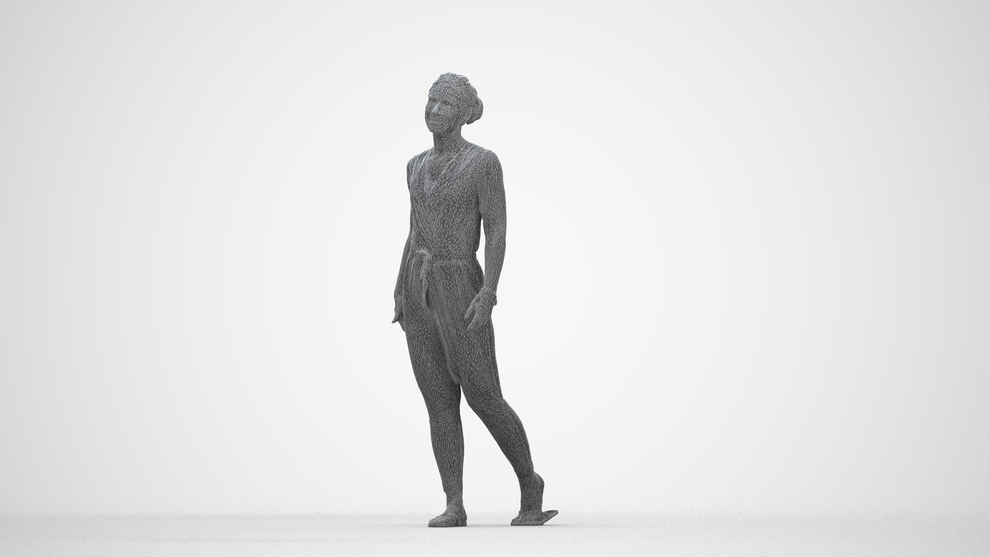 3D human model woman casual walking, photogrammetry scanned person for archviz, wireframe back view