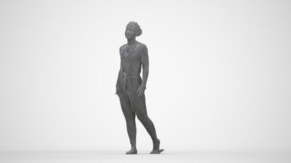 3D human model woman casual walking, photogrammetry scanned person for archviz, wireframe back view