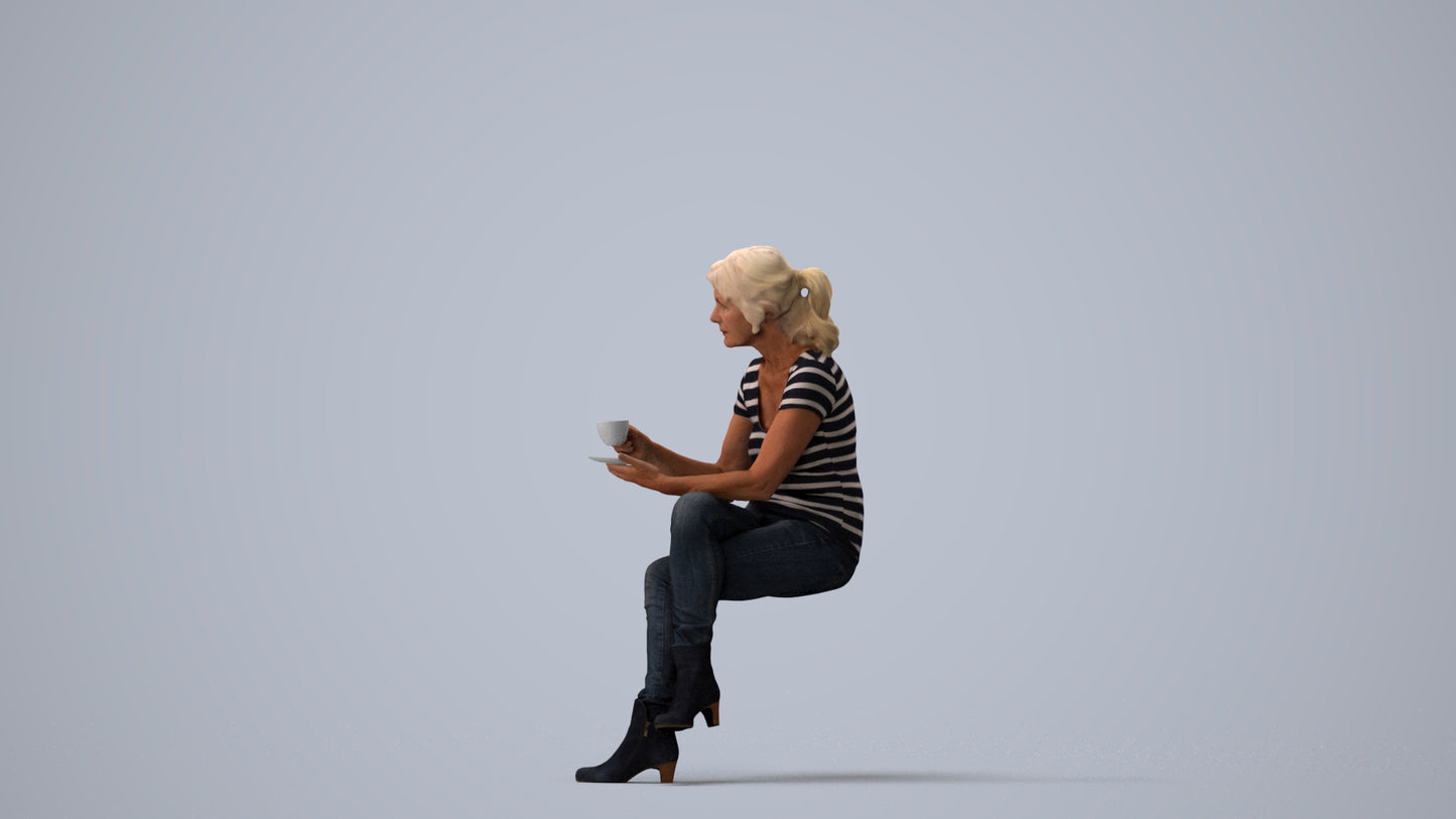 3D scanned senior woman sitting casual, photorealistic archviz people for Enscape and SketchUp, three-quarter view render