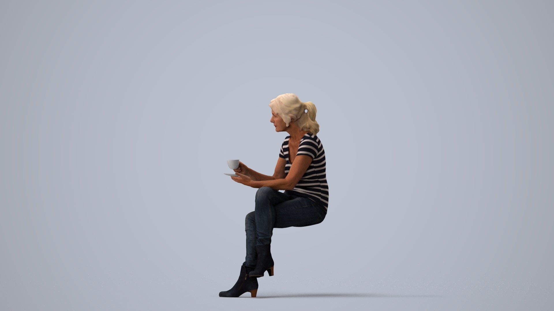 3D scanned senior woman sitting casual, photorealistic archviz people for Enscape and SketchUp, three-quarter view render