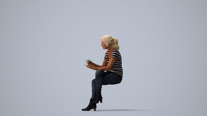 3D scanned senior woman sitting casual, photorealistic archviz people for Enscape and SketchUp, three-quarter view render