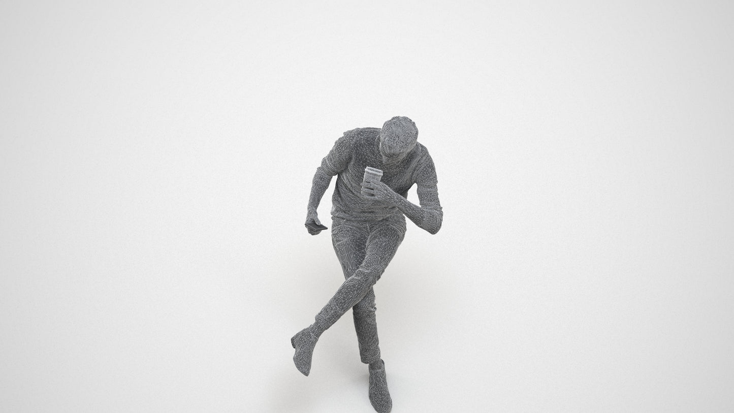 photogrammetry 3D man casual sitting, realistic human model archviz FBX, wireframe three-quarter view
