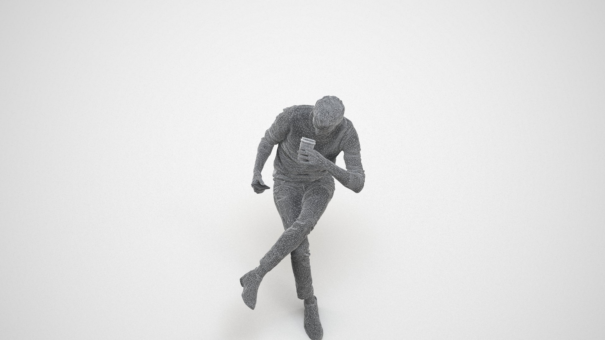photogrammetry 3D man casual sitting, realistic human model archviz FBX, wireframe three-quarter view