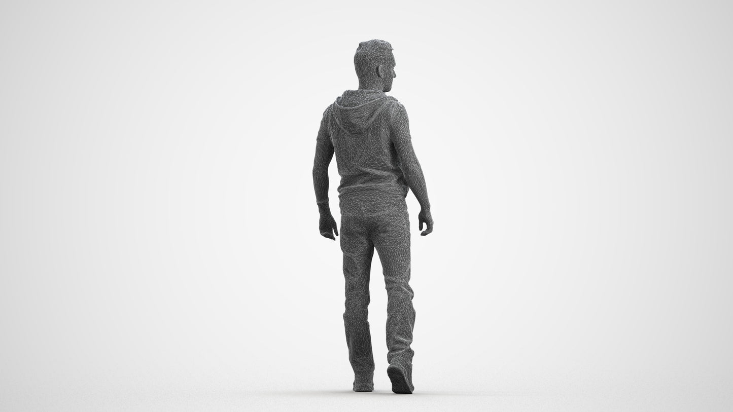 3D human model man casual walking, photogrammetry scanned person for archviz, wireframe front view