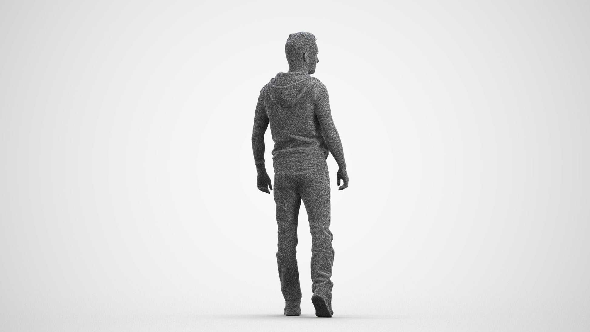 3D human model man casual walking, photogrammetry scanned person for archviz, wireframe front view