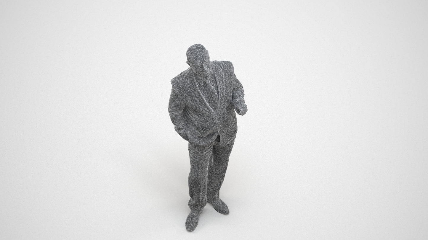 photogrammetry 3D senior man business mix, realistic human model archviz FBX, wireframe three-quarter view