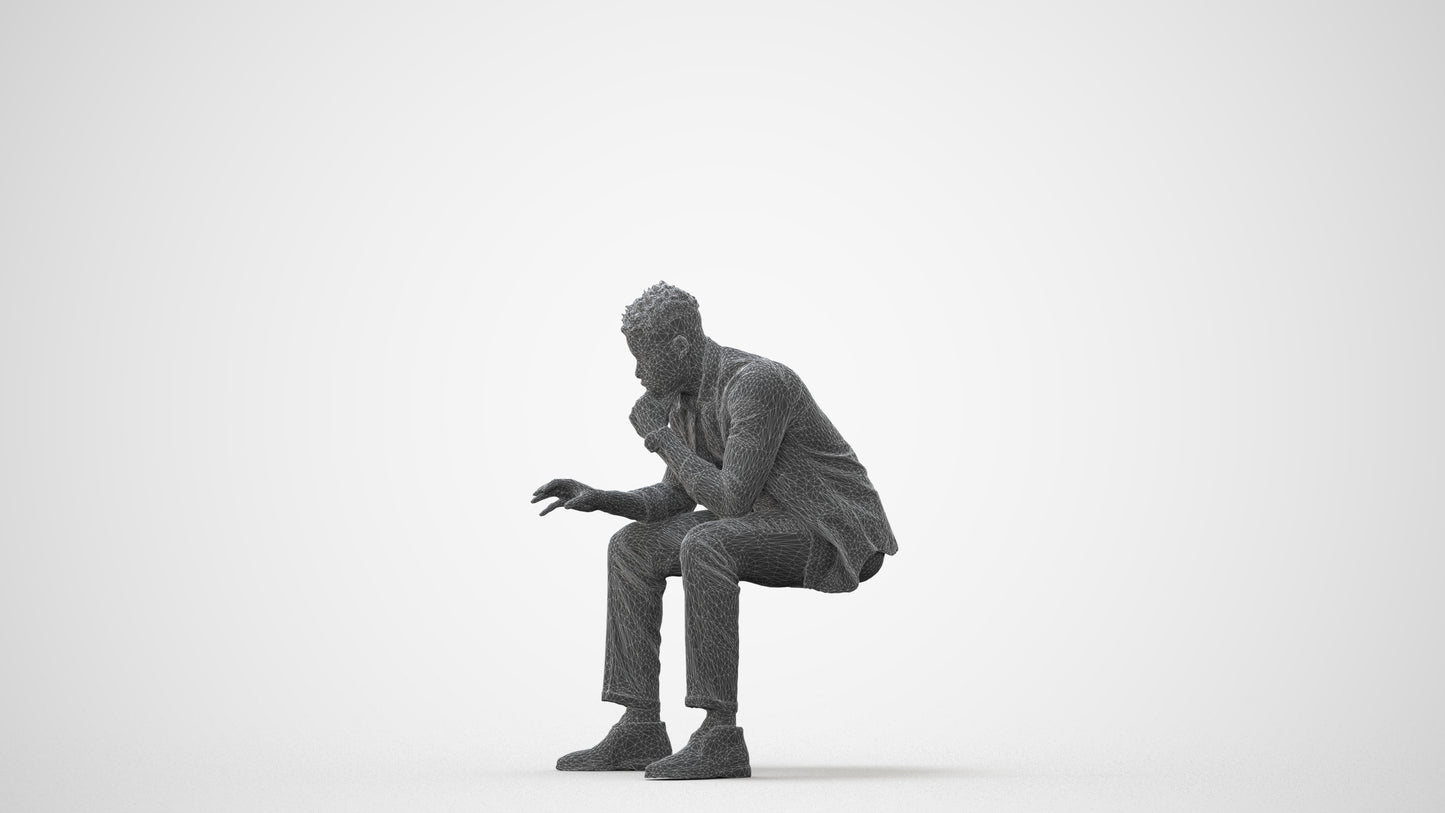 3D human model man casual sitting, photogrammetry scanned person for archviz, square thumbnail