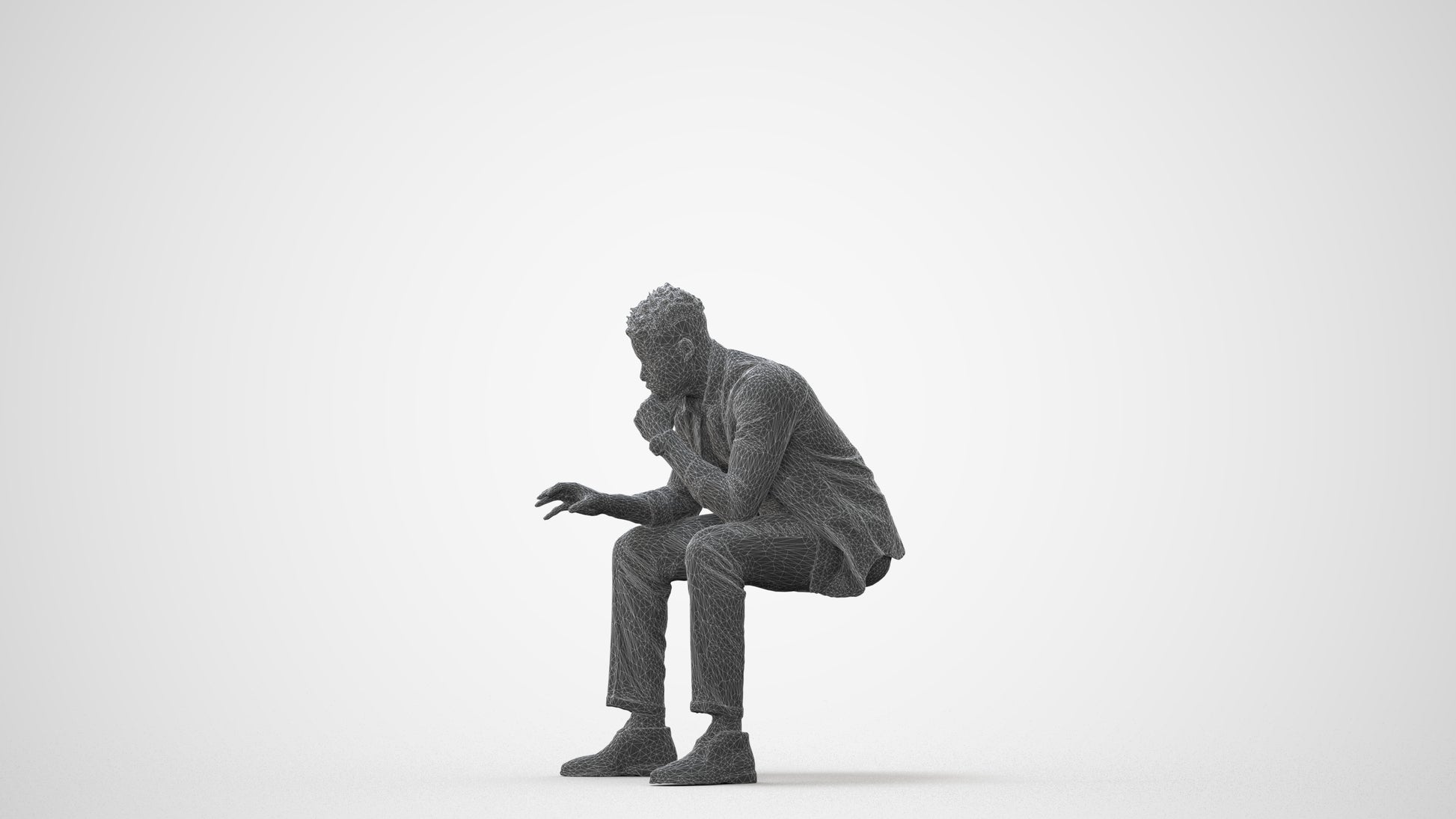 3D human model man casual sitting, photogrammetry scanned person for archviz, square thumbnail
