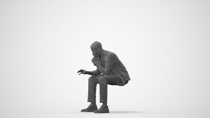 3D human model man casual sitting, photogrammetry scanned person for archviz, square thumbnail