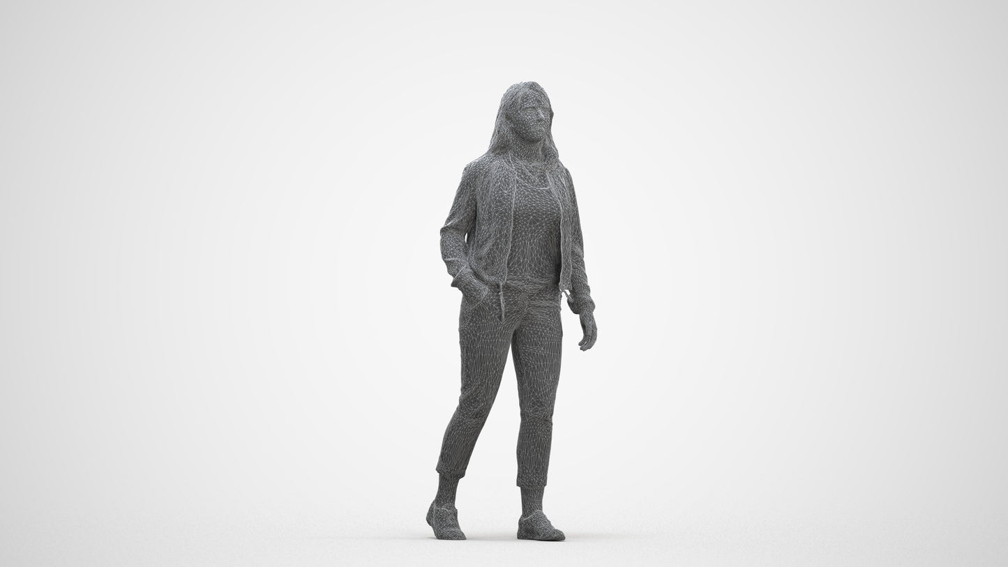 3D scanned woman walking casual, photorealistic archviz people for Enscape and SketchUp, three-quarter front view render