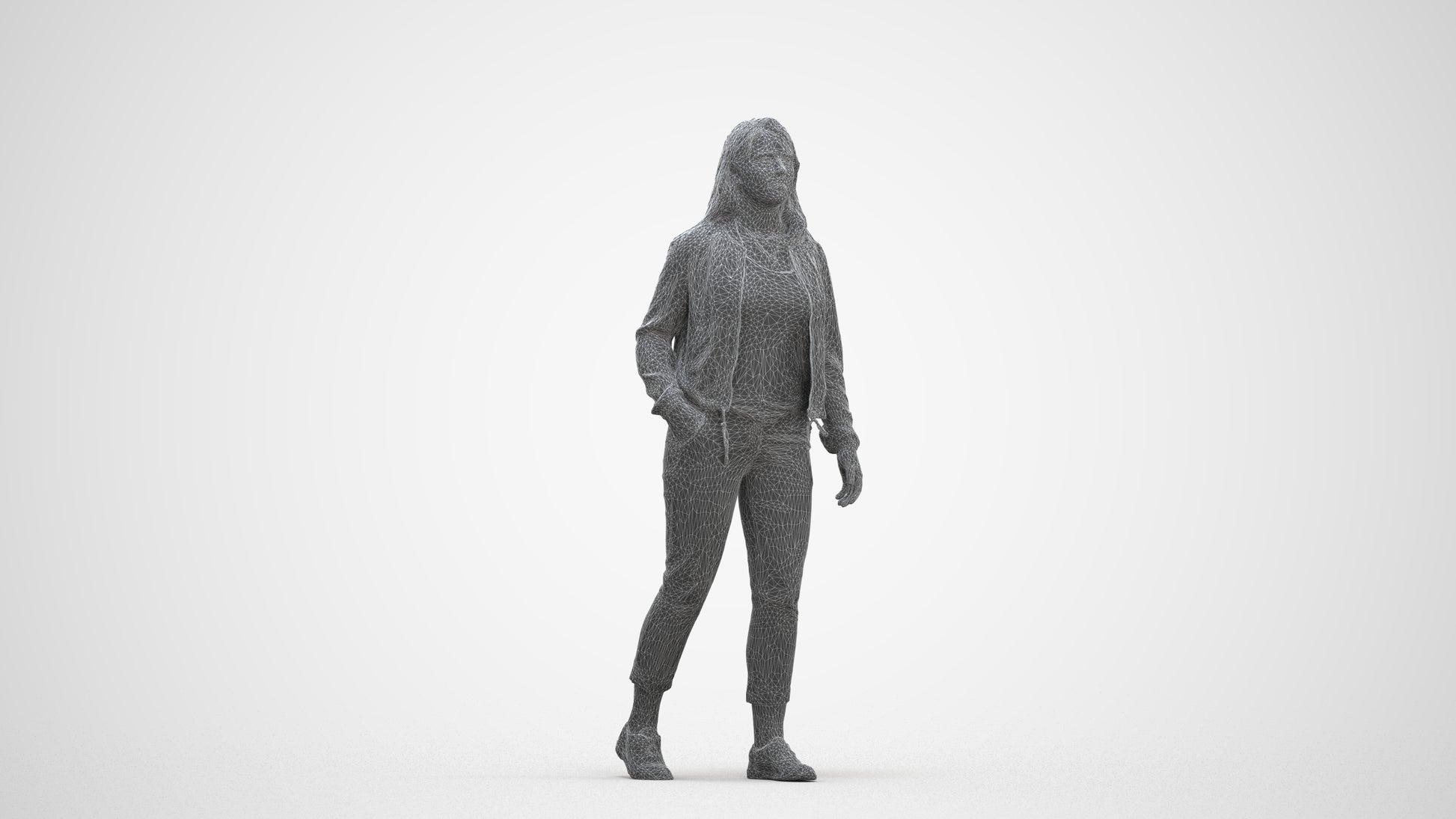 3D scanned woman walking casual, photorealistic archviz people for Enscape and SketchUp, three-quarter front view render