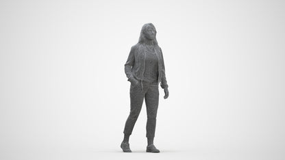 3D scanned woman walking casual, photorealistic archviz people for Enscape and SketchUp, three-quarter front view render