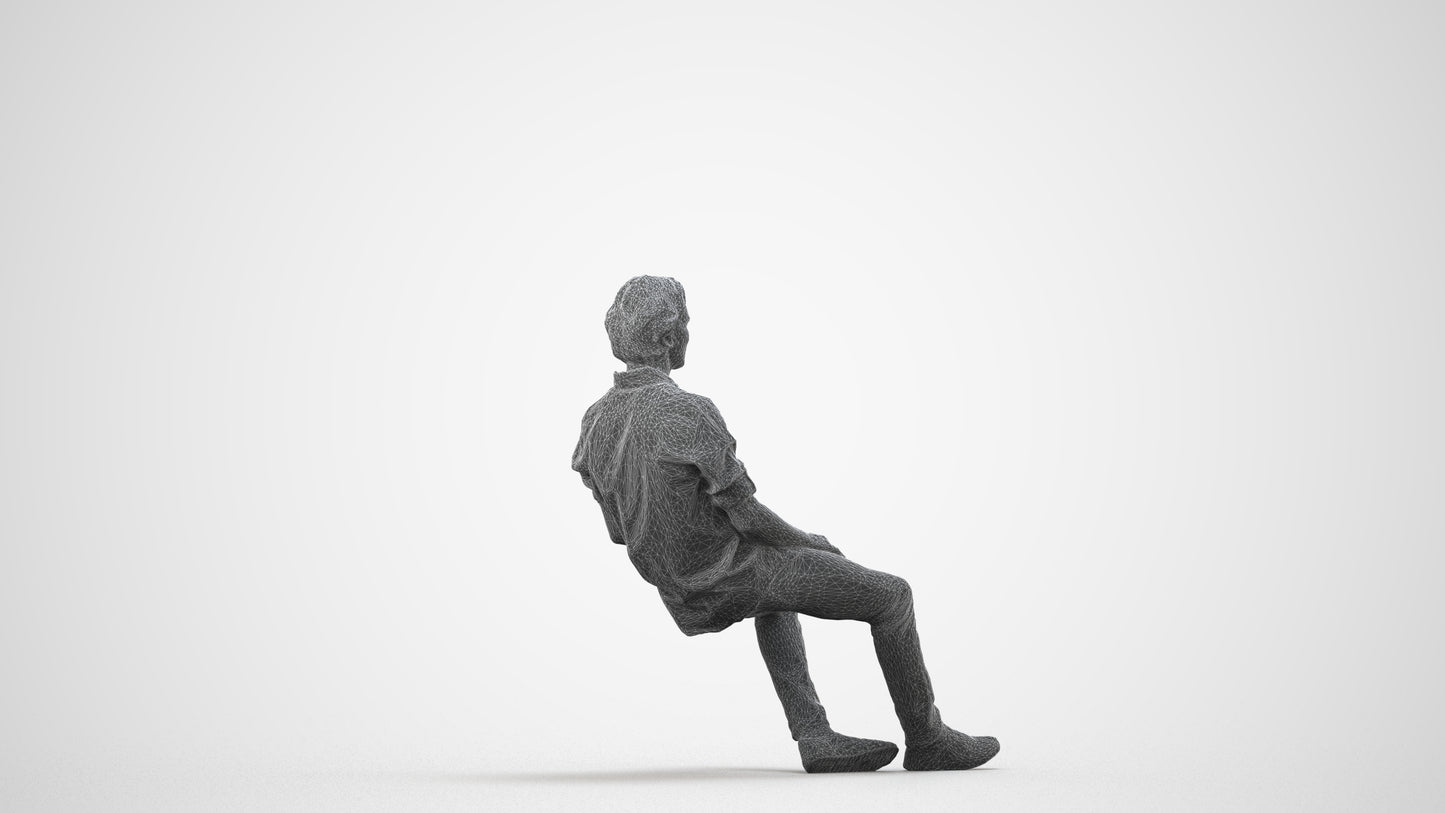 realistic 3D human man casual sitting, archviz people FBX OBJ for Blender, wireframe side view