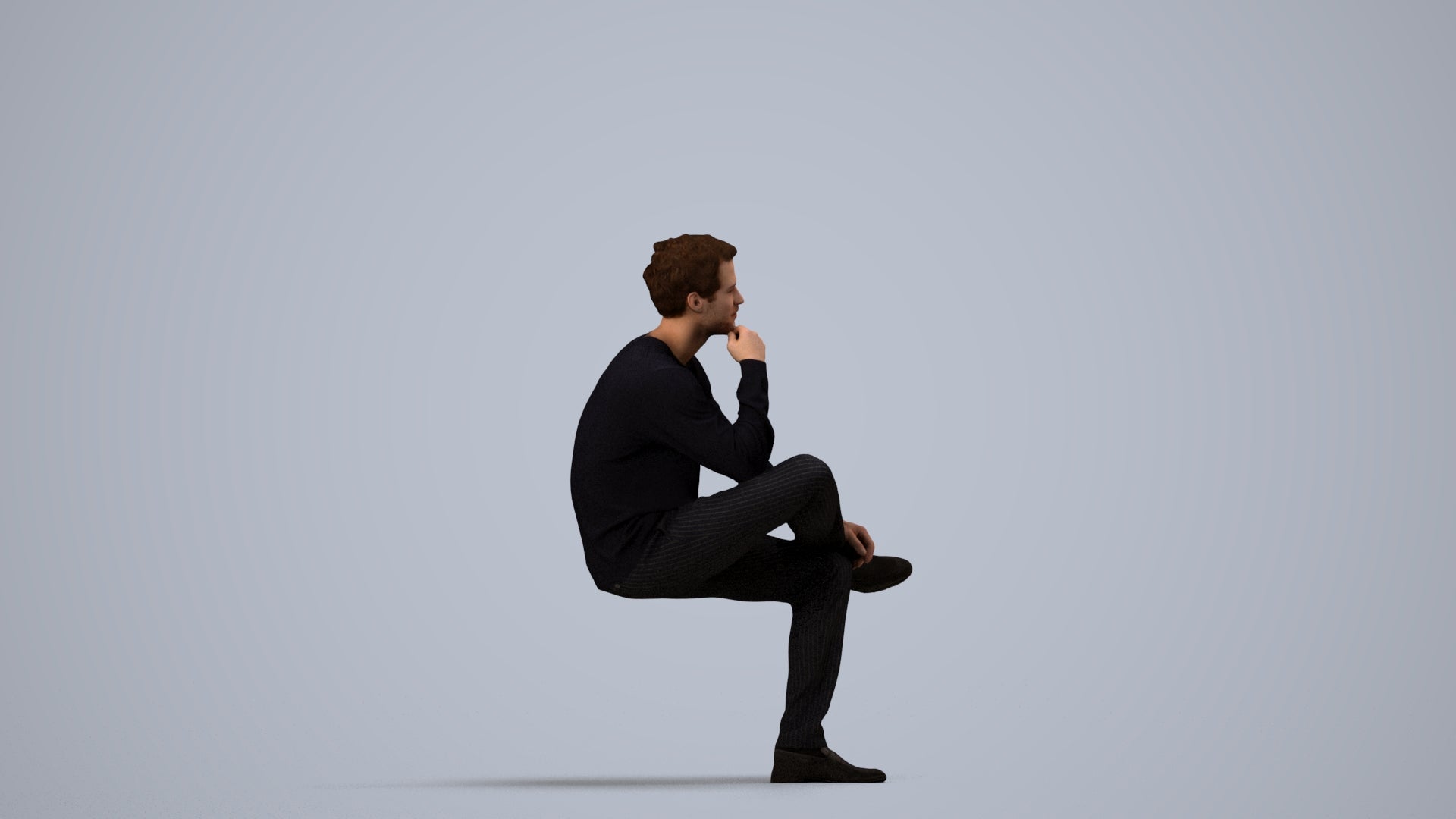 3D people model man casual sitting, scanned human for 3ds Max rendering, side view render
