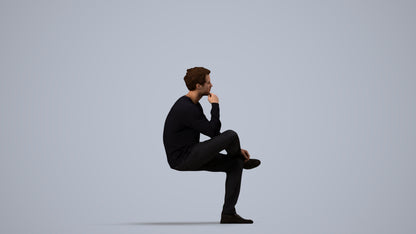 3D people model man casual sitting, scanned human for 3ds Max rendering, side view render