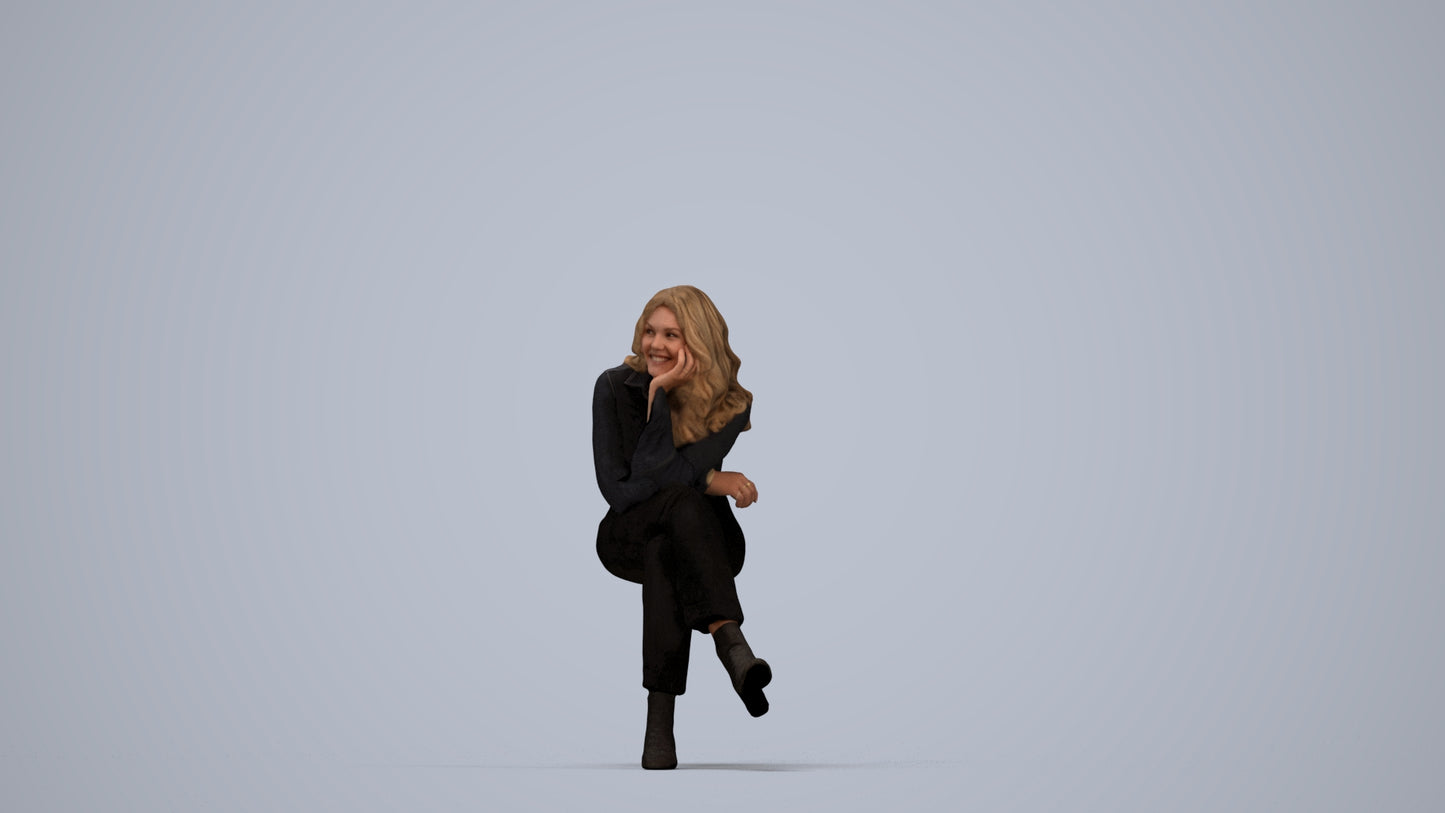 photogrammetry 3D woman business sitting, realistic human model archviz FBX, top-down view render