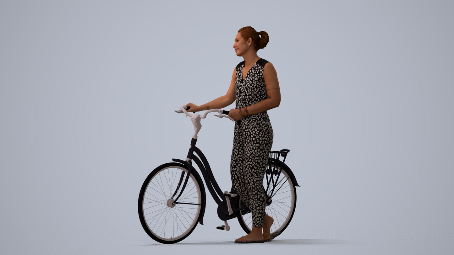 3D people model woman casual cycling, scanned human for 3ds Max rendering, three-quarter view render