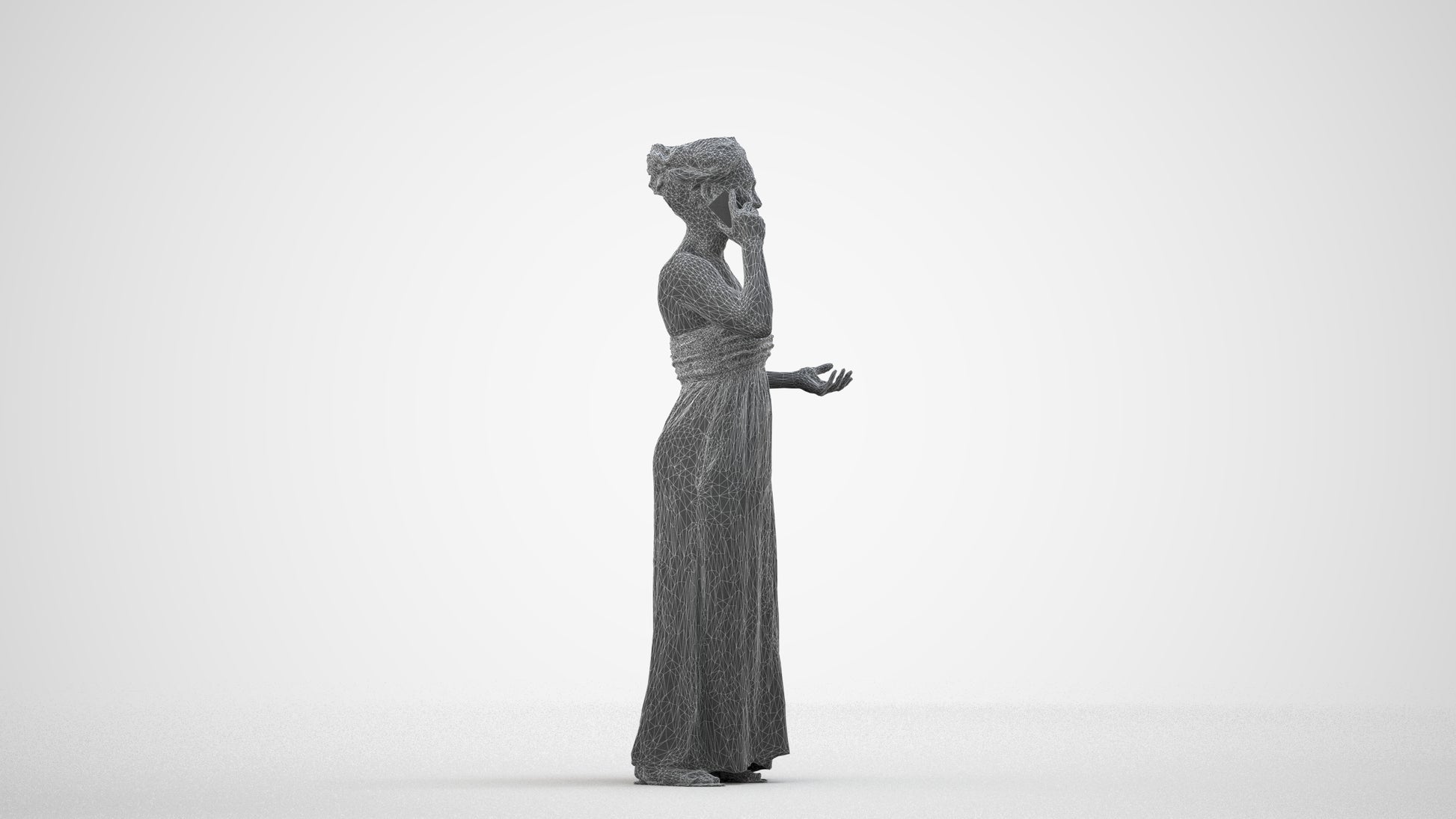 realistic 3D woman casual standing, scanned archviz people for Blender and 3ds Max, wireframe side view