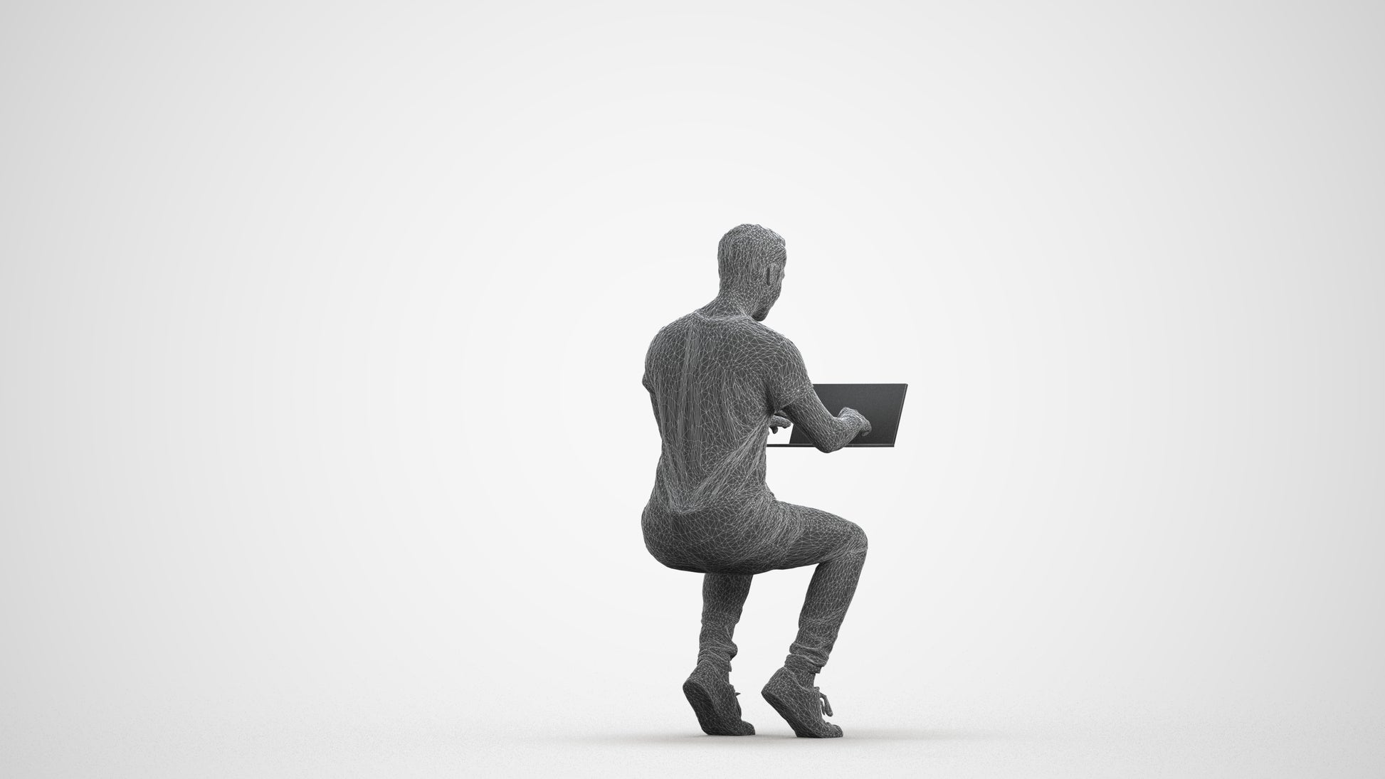 3D human model man casual business, photogrammetry scanned person for archviz, wireframe front view