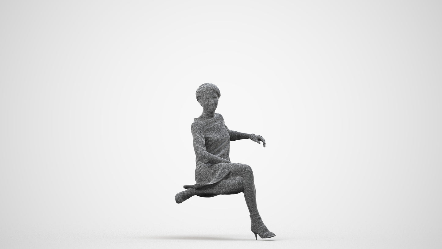 3D scanned woman sitting casual, photorealistic archviz people for Enscape and SketchUp, wireframe side view