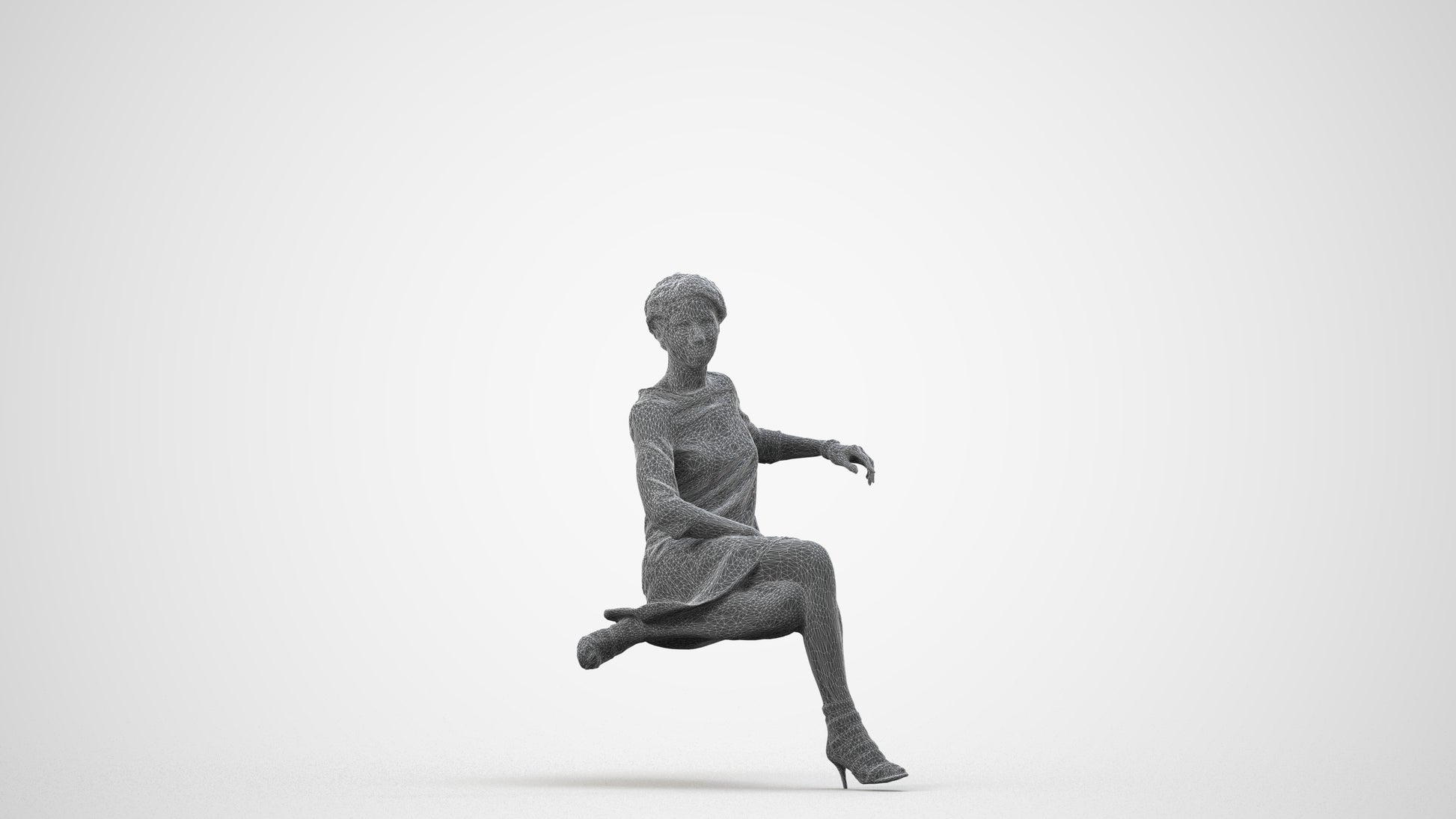 3D scanned woman sitting casual, photorealistic archviz people for Enscape and SketchUp, wireframe side view