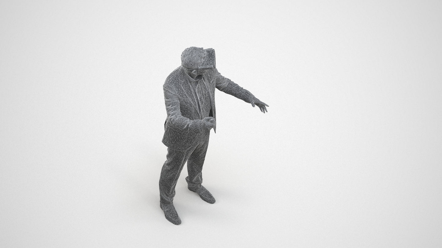 3D scanned man standing business, photorealistic archviz people for Enscape and SketchUp, wireframe three-quarter view