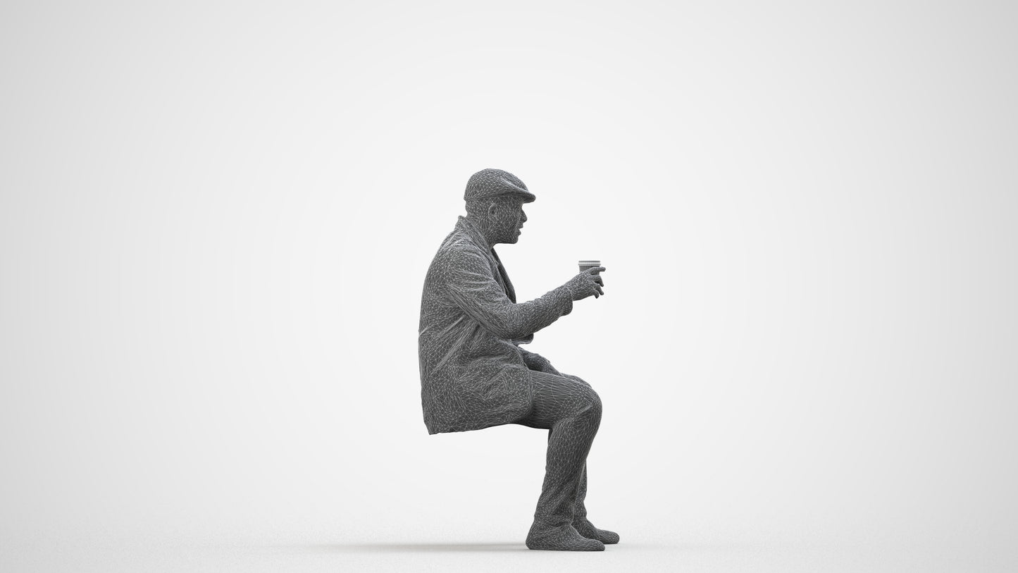 3D scanned man sitting casual, photorealistic archviz people for Enscape and SketchUp, wireframe side view